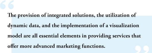 The provision of integrated solutions, the utilization of dynamic data, and the implementation of a visualization model are all essential elements in providing services that offer more advanced marketing functions.