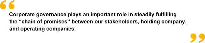 Corporate governance plays an important role in steadily fulfilling the “chain of promises” between our stakeholders, holding company, and operating companies.